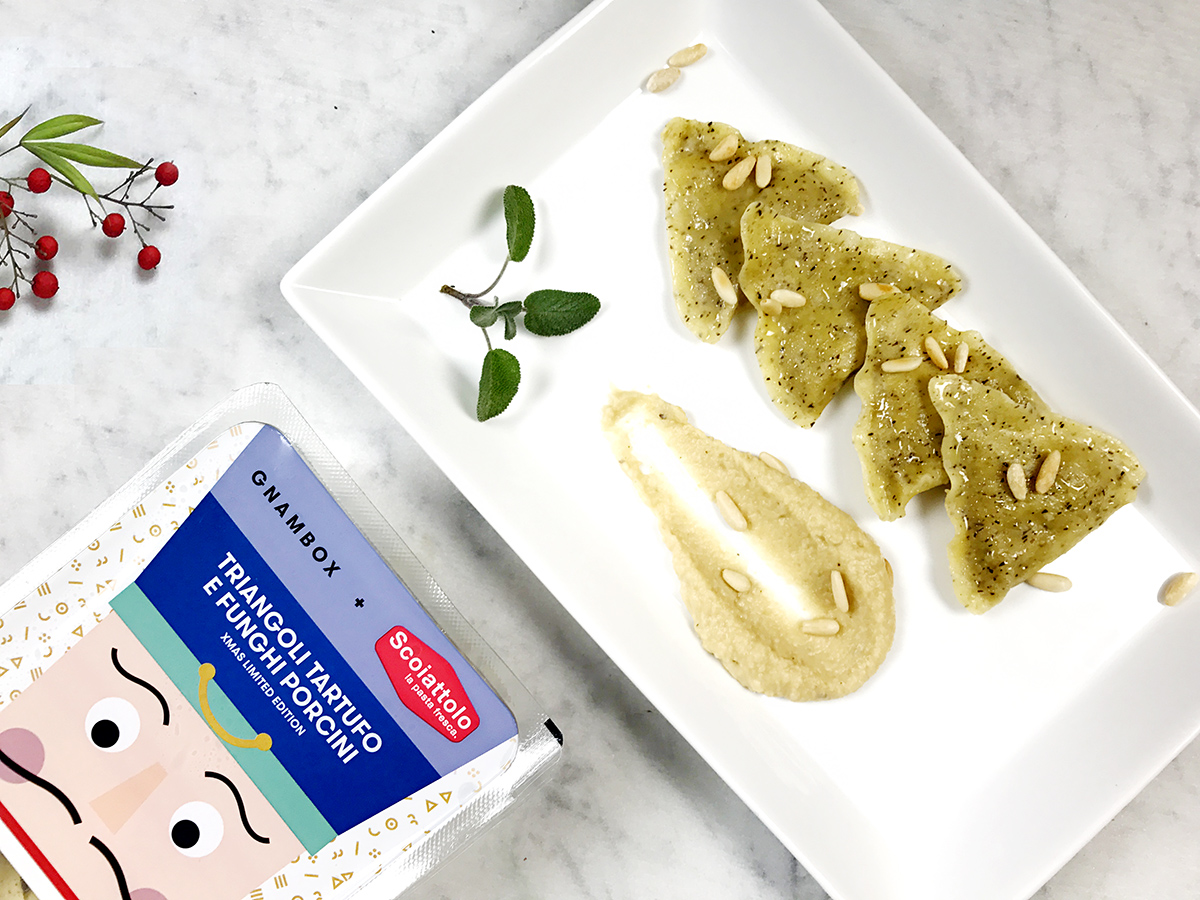 Triangoli al tartufo e funghi porcini su crema di ceci Un pizzico di